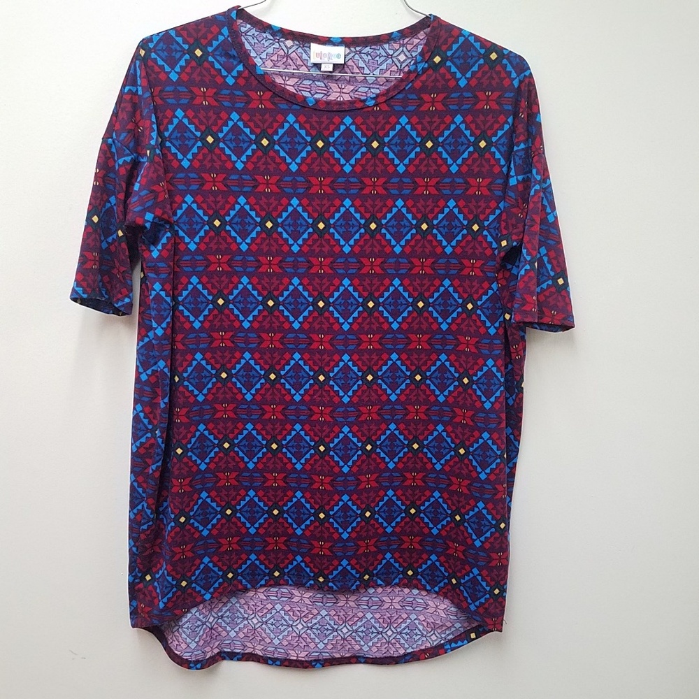 Lularoe XS Irma Tunic Top Red Blue Yellow Kaleidoscope Geometric Hi Lo Shirt LLR